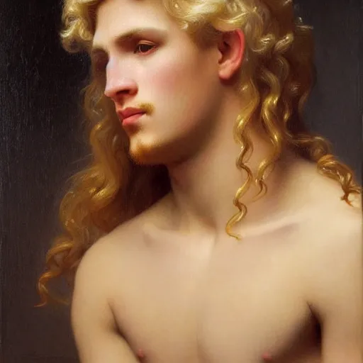 Image similar to PORTRAIT Painting of a blond male Venus Apollo. LONG CURLY blond hair. Sharp angular face high cheekbones hooked nose. Art by william adolphe bouguereau. During golden hour. Extremely detailed. Beautiful. 4K. Award winning.