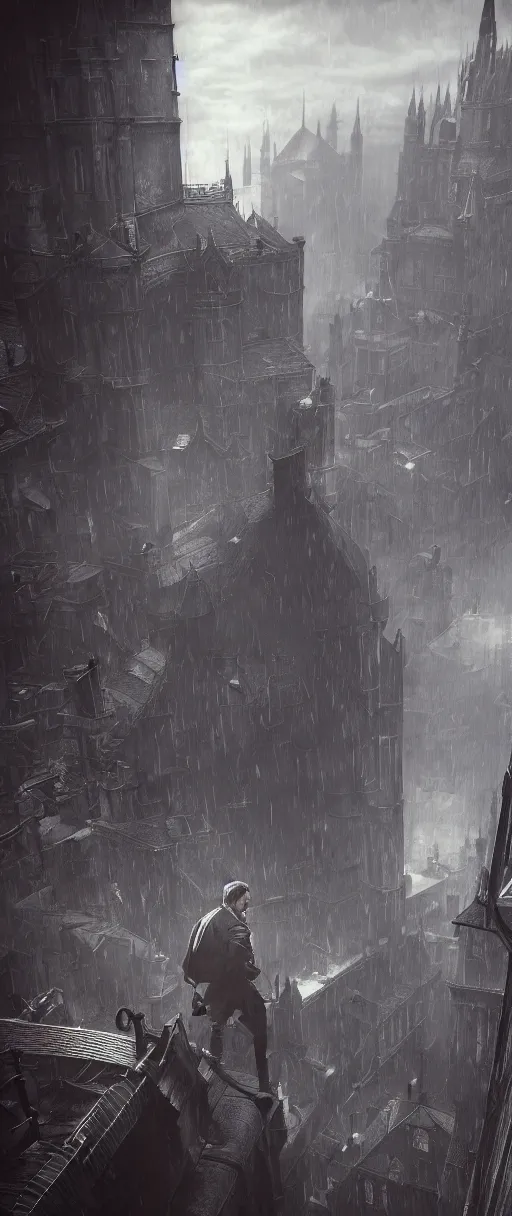 Image similar to Corvo Attano on the roof of a gothic house, Dishonored aesthetic, cinematic lighting, rainy weather, melancholy atmosphere, artstation, Dunwall city, gothic architecture, volumetric light, octane render, Dishonored game, Dishonored 1, depression and despair