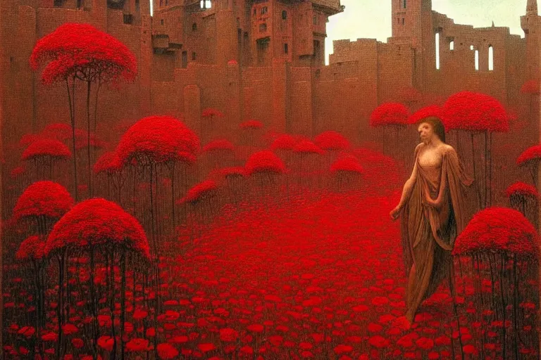 Image similar to only with red, red flowers of different types, a red tiger, a castle in the background, medieval demons dance over the flowers, an ancient path, in the style of beksinski, part by hopper, part by rodcenko, part by hofbauer, intricate composition, red by caravaggio, insanely quality, highly detailed, masterpiece, red light, artstation