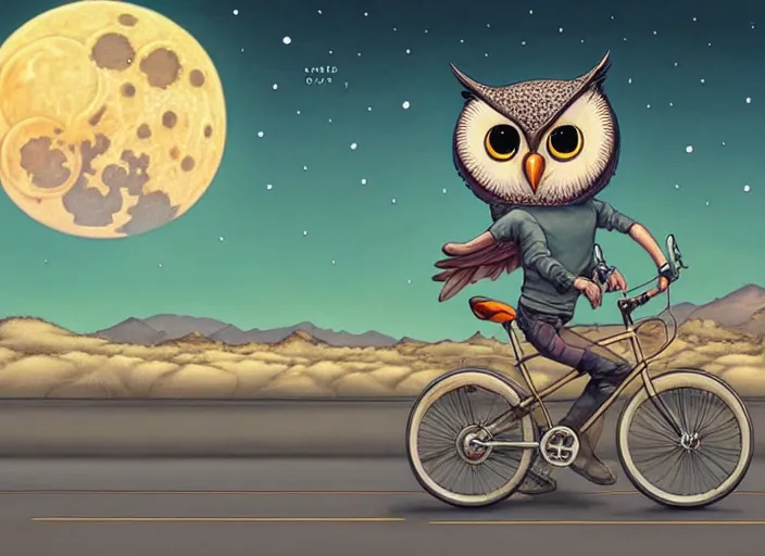 Image similar to a cell shaded cartoon owl riding a bicycle, with a big head, on a desert road, wide shot, in front of a big moon, muted colors, post grunge, josan gonzales, wlop, by james jean, victor ngai, hq, deviantart, art by artgerm