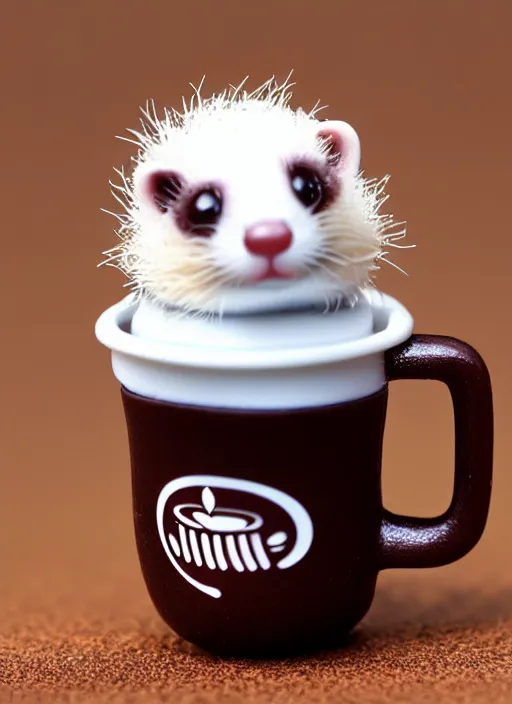 Prompt: 80mm resin detailed miniature of fluffy cute ferret drink coffee, Product Introduction Photos, 4K, Full body, simple background