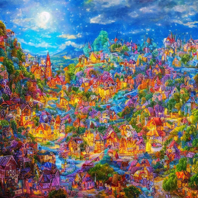 Prompt: a landscape of magnificent village made of glass, a joyful bright bright city, future art, fantasy art