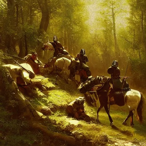 Image similar to a small group of medieval european knights are resting at a small clearing a dark wood along a small stream, highly detailed, digital painting, sharp focus, by alber bierstadt greg rutkowski