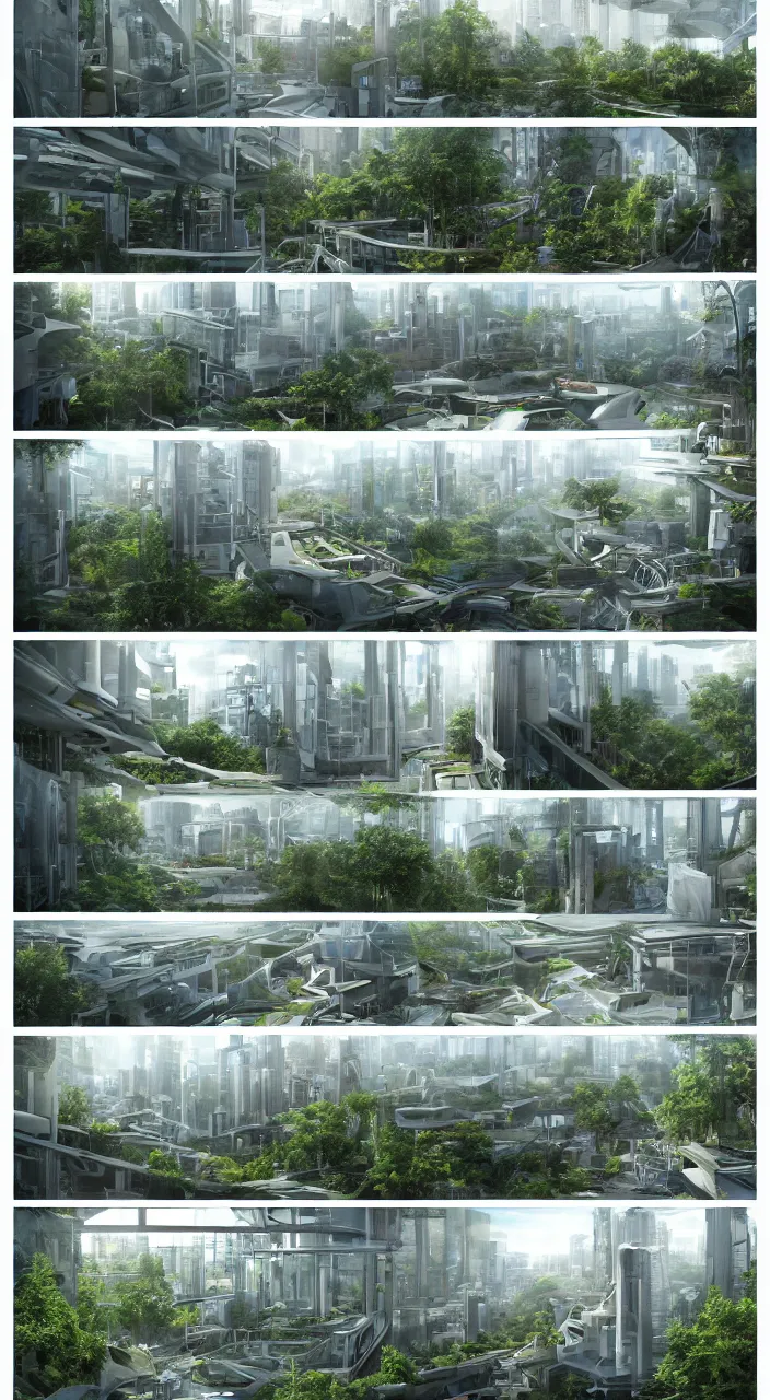 Prompt: 3 - panel comic page layout. two people talking about sustainable futuristic building in a urban setting. ultrarealistic matte painting on white page. the building has many deep and tall balconies covered in plants and trees. thin random columns, large windows, deep overhangs. greeble articulated details with plants. 8 k, uhd.