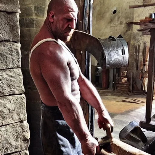 Image similar to triple h as blacksmith, medieval scene, creating his hammer!!!