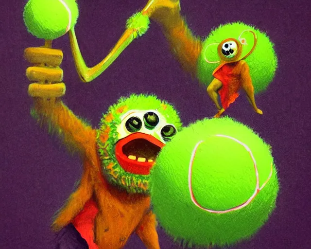 Prompt: tennis ball monsters, theme park, digital art, fantasy, magic, chalk, chalked, trending on artstation, ultra detailed, detailed, fine details, professional illustration by basil gogos