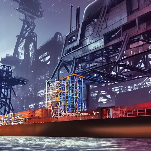 Image similar to photo of Immense industrial futuristic cargo ship arrives at cyber punk city sea port, cinematic lighting, photo