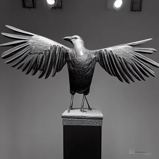 Image similar to a black and white highly detailed and realistic statue of a flying crow, museum lighting, award winning, masterpiece