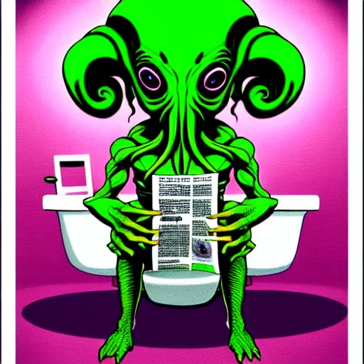 Image similar to humanoid cthulhu vis sitting on a toilet, he is reading a newspaper. the location is a pink and girlish bathroom. The mood is friendly and welcoming. dungeons and dragons style, highly detailed, digital painting, artstation, concept art, sharp focus, illustration, art by Josh kirby and John romita jr and moebius