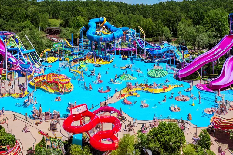 Image similar to A 5-star rock and roll themed waterpark, 4k photograph, cinematic