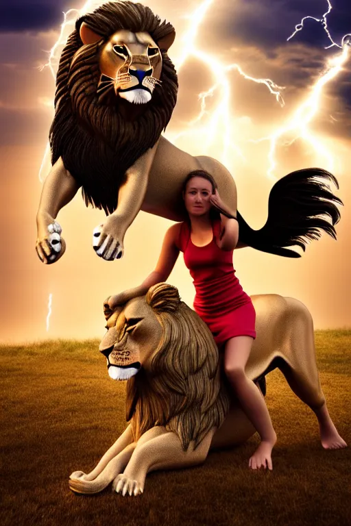 Image similar to girl riding on a lion, 2 0 year old girl, girl sitting on the lion, lion roaring, extremely detailed, high quality, cinematic, dramatic lightning, photo realistic, beautiful face, highly detailed face, 4 k