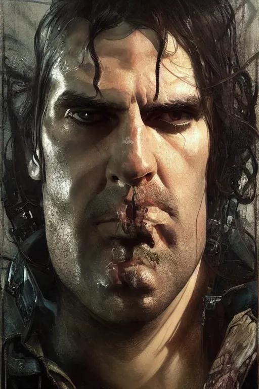 Prompt: peter steele hyperrealistic portrait, bladerunner street, art of elysium by jeremy mann and alphonse mucha and greg rutkowski, fantasy art, photo realistic, dynamic lighting, artstation, poster, volumetric lighting, very detailed face, 4 k, award winning