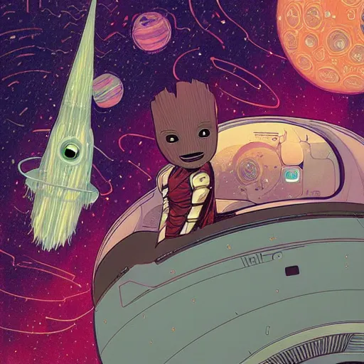 Image similar to baby groot in the space ship, by victo ngai