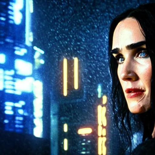 Image similar to jennifer connelly starring in a cyberpunk movie in a distopic futuristic city in the style of bladerunner, firing a gun, muzzle flash, movie still, highly detailed, rainy night, volumetric lights, dramatic, scifi, sharp focus