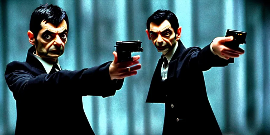 Prompt: hyper realistic, production still of neo ( ( mr. bean ) ) in movie, the matrix ( 1 9 9 9 ), 4 k, highly detailed, anamorphic