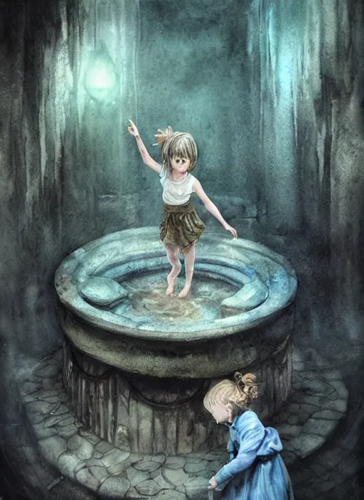 Image similar to portrait, a little girl falling down a wishing well into another realm, magical, fantasy, watercolor, dramatic lighting, cinematic, establishing shot, extremely high detail, foto realistic, cinematic lighting, pen and ink, intricate line drawings, by Yoshitaka Amano, Ruan Jia, Kentaro Miura, Artgerm, post processed, concept art, artstation, matte painting, style by eddie mendoza, raphael lacoste, alex ross