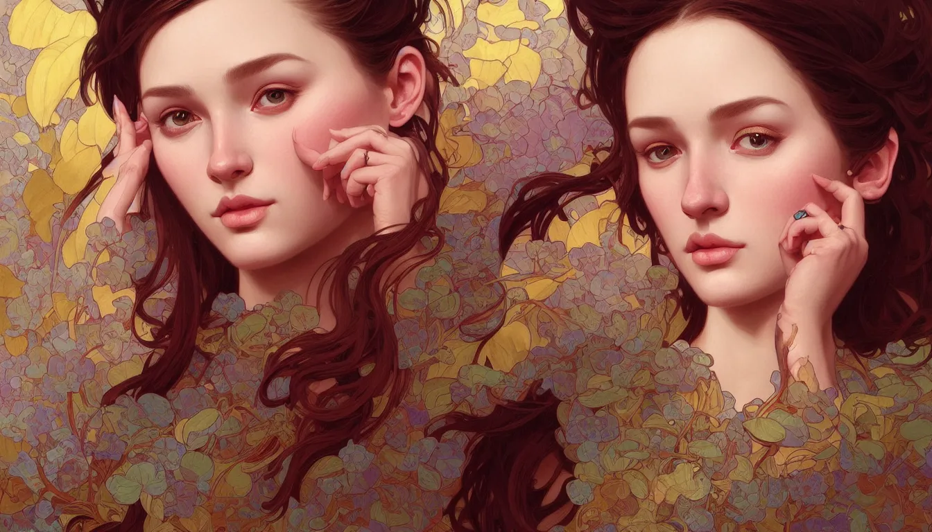 Prompt: excellent painted portrait of one pretty girl with upturned nose, high quality masterpiece painted, patterned background, 4 k, trending on artstation, octane render, art by james jean and artgerm and greg rutkowski and alphonse mucha and craig mullins and james jean and andrei riabovitchev and marc simonetti and peter mohrbacher