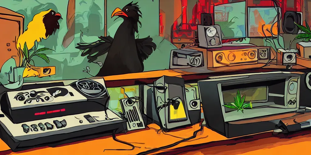 Image similar to 'black chicken'!!! smoking 'cannabis'!!!!!! in front of 'audio console'!!!! and 'multi monitors'!!!! 'in a hi-tech tv broadcasting studio'!!!!, artwork by James Gilleard