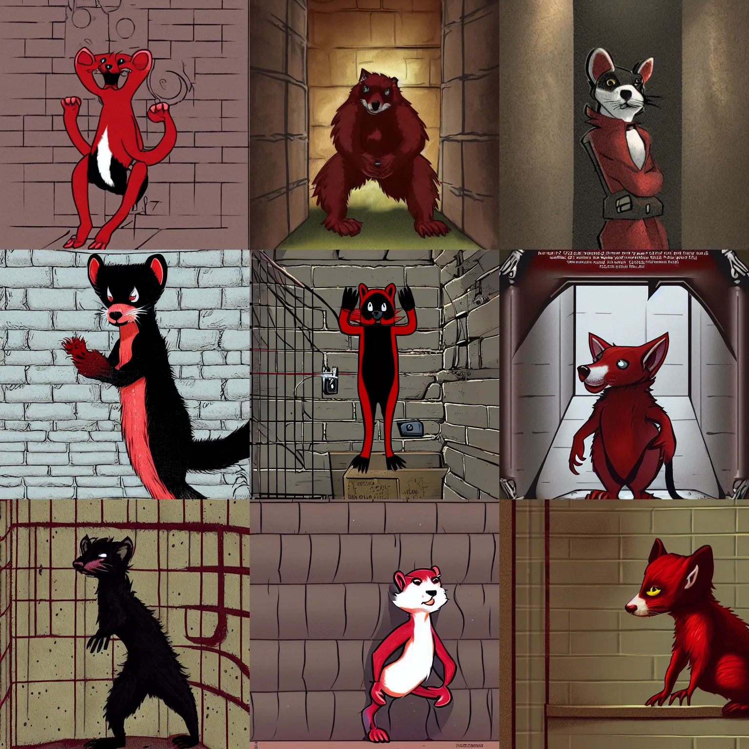 Prompt: world of darkness source book illustration of an anthropomorphic red - black furry weasel - ferret - stoat fursona ( from the furry fandom ) in prisoner's regalia, in a prison cell, scratching at the walls