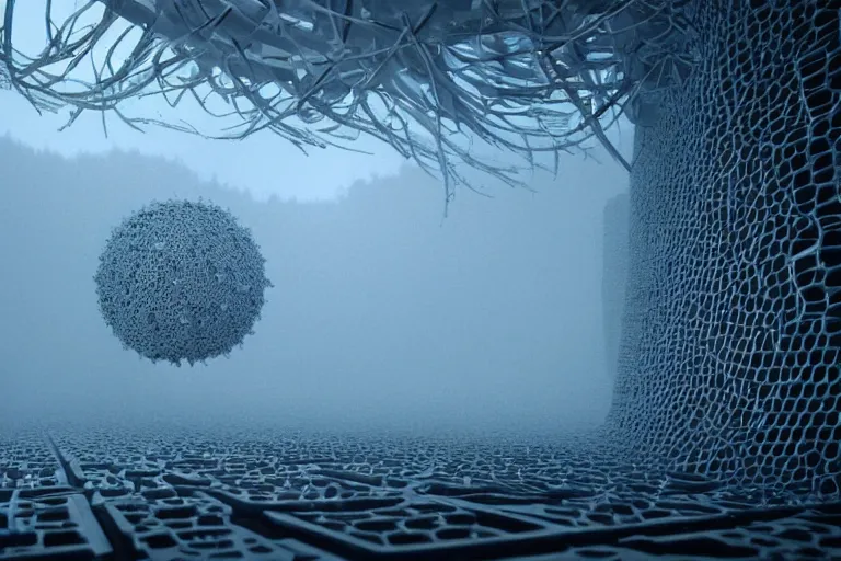 Image similar to a complex organic fractal 3 d ceramic humanoid quantum megastructure, cinematic shot, foggy, photo still from movie by denis villeneuve