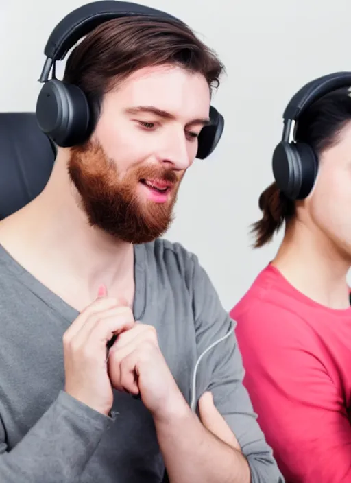 Image similar to two birds with headphones on their heads in front of a microphone recording a podcast in the studio, realistic photo, 8 k