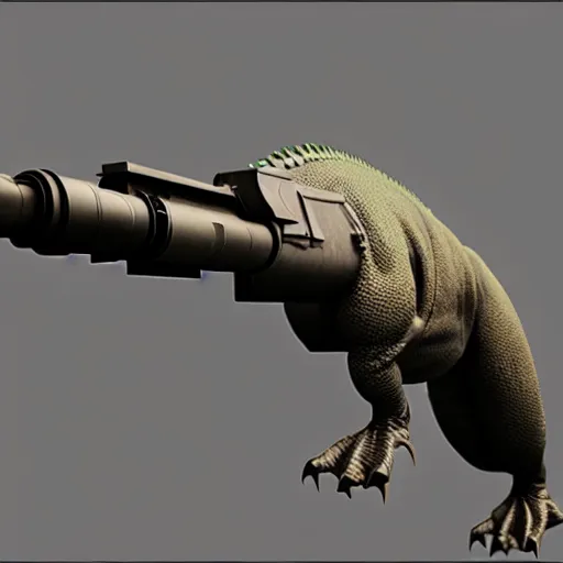 Image similar to t - rex gun, award winning, unreal engine 5 render, 3 d model, volumetric fog, ray traced, award winning