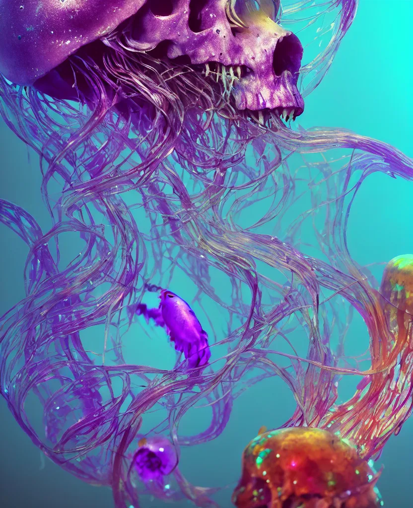 Image similar to close-up portrait of skull dichroic orchid jellyfish skull, betta fish, bioluminiscent creatures, intricate artwork by Tooth Wu and wlop and beeple. octane render, trending on artstation, greg rutkowski very coherent symmetrical artwork. cinematic, hyper realism, high detail, octane render, 8k