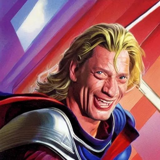 Image similar to jim varney as thor, painted by alex ross