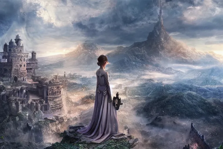 Prompt: A young rebellious woman is summoned to the majestic city of Sky, a palace above the clouds where gods' and mortals' lives are intertwined. Photo-realistic UHDR, hyperrealism, very detailed, cinematic, luminescence, 32k, mysterious, epic fantasy