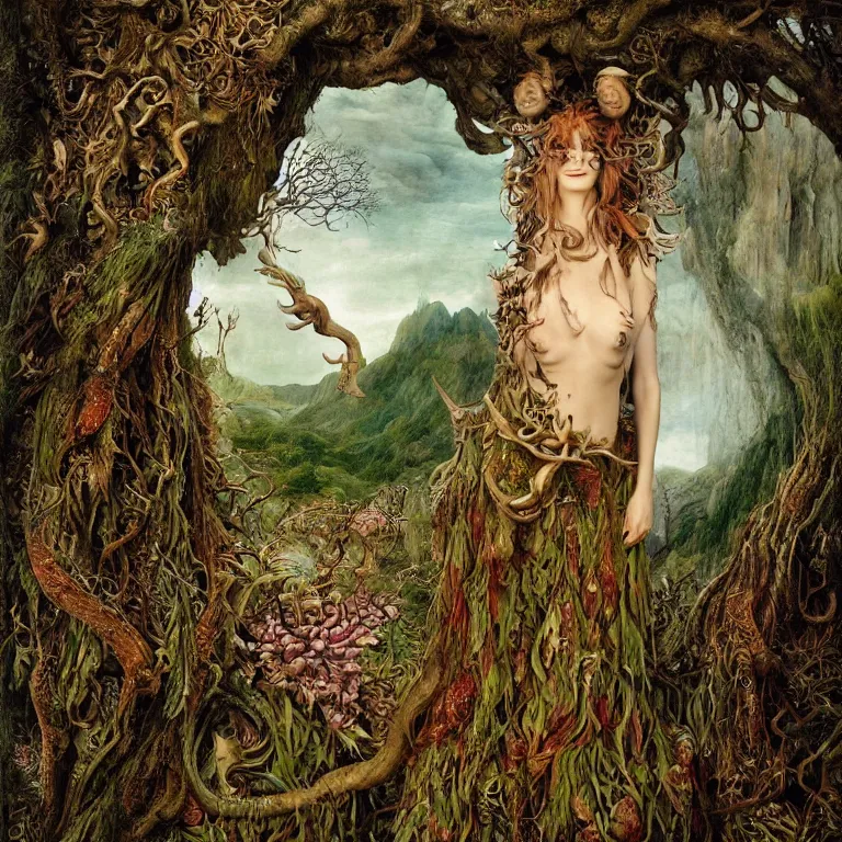 Image similar to a fish eye lense photograph of a grinning druid dryad with goat pupils transforming herself into a mad beast. her skin is covered in scales and feathers. wide landscape with mountains, river and night sky. painted by jan van eyck, max ernst and ernst haeckel, trending on artstation, 8 k, award winning, hard lighting, fashion editorial