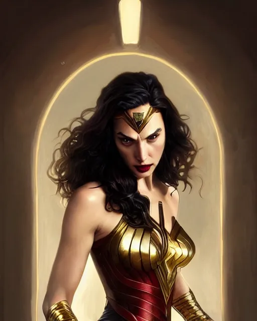 Image similar to gal gadot vampire, perfect face, gold waistcoat, cinematic, stunning, highly detailed, digital painting, artstation, smooth, hard focus, illustration, art by artgerm and greg rutkowski and alphonse mucha