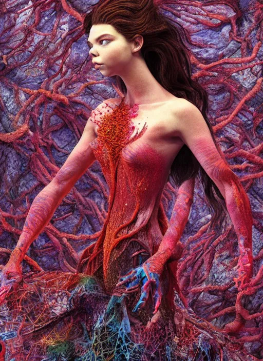 Prompt: hyper detailed 3d render like a Oil painting - very coherent Concrete profile (a beautiful fae princess protective playful expressive acrobatic from dark crystal that looks like Anya Taylor-Joy) seen red carpet photoshoot in UVIVF posing in scaly dress to Eat of the Strangling network of yellowcake aerochrome and milky Fruit and His delicate Hands hold of gossamer polyp blossoms bring iridescent fungal flowers whose spores black the foolish stars by Jacek Yerka, Ilya Kuvshinov, Mariusz Lewandowski, Houdini algorithmic generative render, golen ratio, Abstract brush strokes, Masterpiece, Victor Nizovtsev and James Gilleard, Zdzislaw Beksinski, Tom Whalen, Mark Ryden, Wolfgang Lettl, hints of Yayoi Kasuma and Dr. Seuss, Grant Wood, octane render, 8k