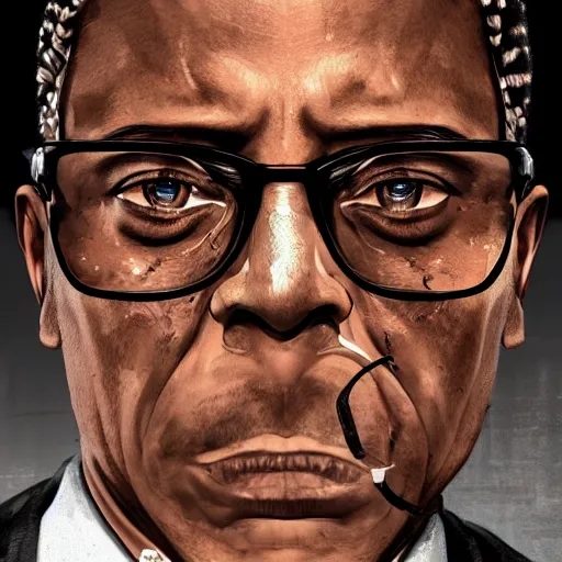 Prompt: gustavo fring in grand theft auto 5, bleeding, intricate, elegant, highly detailed, artstation, photorealistic, smooth, sharp focus, illustration,