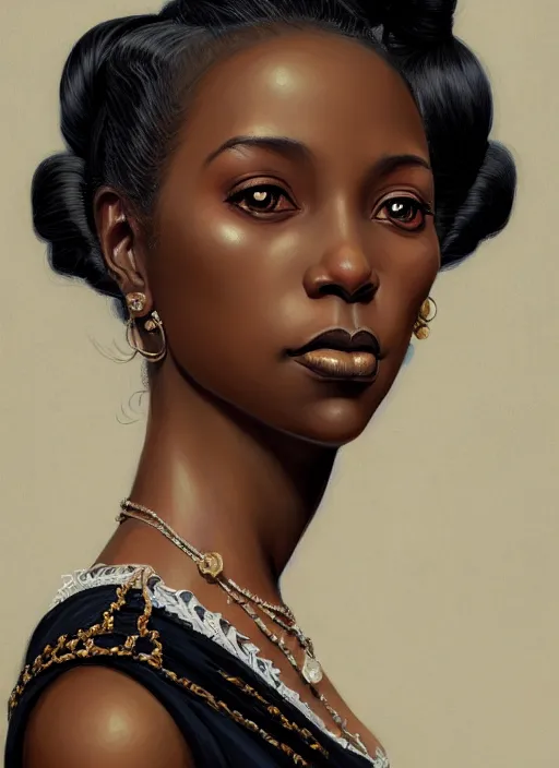 Image similar to 3 / 4 view of a portrait of a black woman in victorian clothing, confident pose, intricate, elegant, sharp focus, illustration, highly detailed, concept art, matte, trending on artstation, anime, art by james jean and artgerm and brian despain and alberto mielgo, greg rutkowski, wlop, ilya kuvshinov, strong strokes