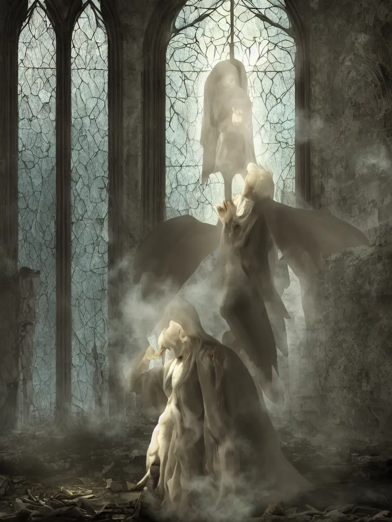Prompt: cute fumo plush gothic angel gentleman prince in hood ghost wraith making an apparition in an abandoned church, thanatos, stained glass window with colored glowing light, fallen angel, wisps of smoke and glowing volumetric fog, vignette, vray