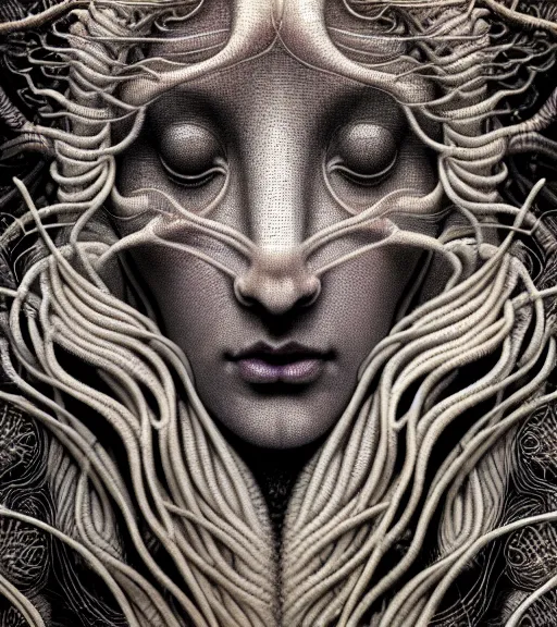 Image similar to detailed realistic beautiful beetle goddess face portrait by jean delville, gustave dore, iris van herpen and marco mazzoni, art forms of nature by ernst haeckel, art nouveau, symbolist, visionary, gothic, neo - gothic, pre - raphaelite, fractal lace, intricate alien botanicals, ai biodiversity, surreality, hyperdetailed ultrasharp octane render