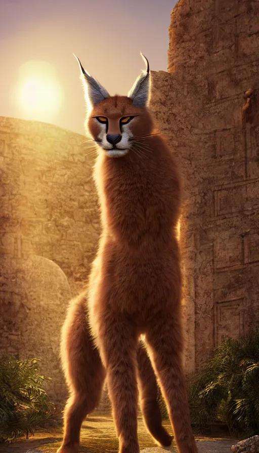 Prompt: fullbody photo of cute fluffy caracal as alexander the great, ancient greek city, sun behind him, sunny day, by ilya kuvshinov, rtx rendering, octane render 1 2 8 k, maya, extreme high intricate details by tom bagshaw, medium shot, close up shot, composition by sana takeda, lighting by greg rutkowski