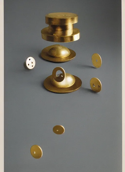 Prompt: a few brass discs with punch holes stacked, front view, straight composition 1 9 9 0, life magazine reportage photo