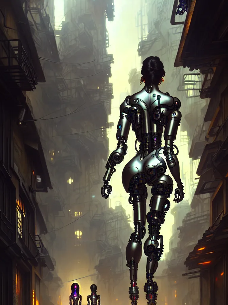 Prompt: ultra realistic, beautiful female cyborg walking down an alley in a megalopolis, sci-fi, intricate details, eerie, highly detailed, octane render, 8k, art by artgerm and alphonse mucha and greg rutkowski