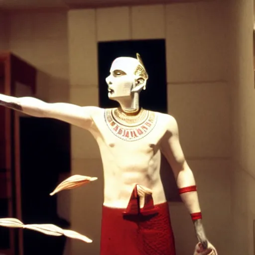 Image similar to An egyptian pharaoh as The American Psycho, cinematic still