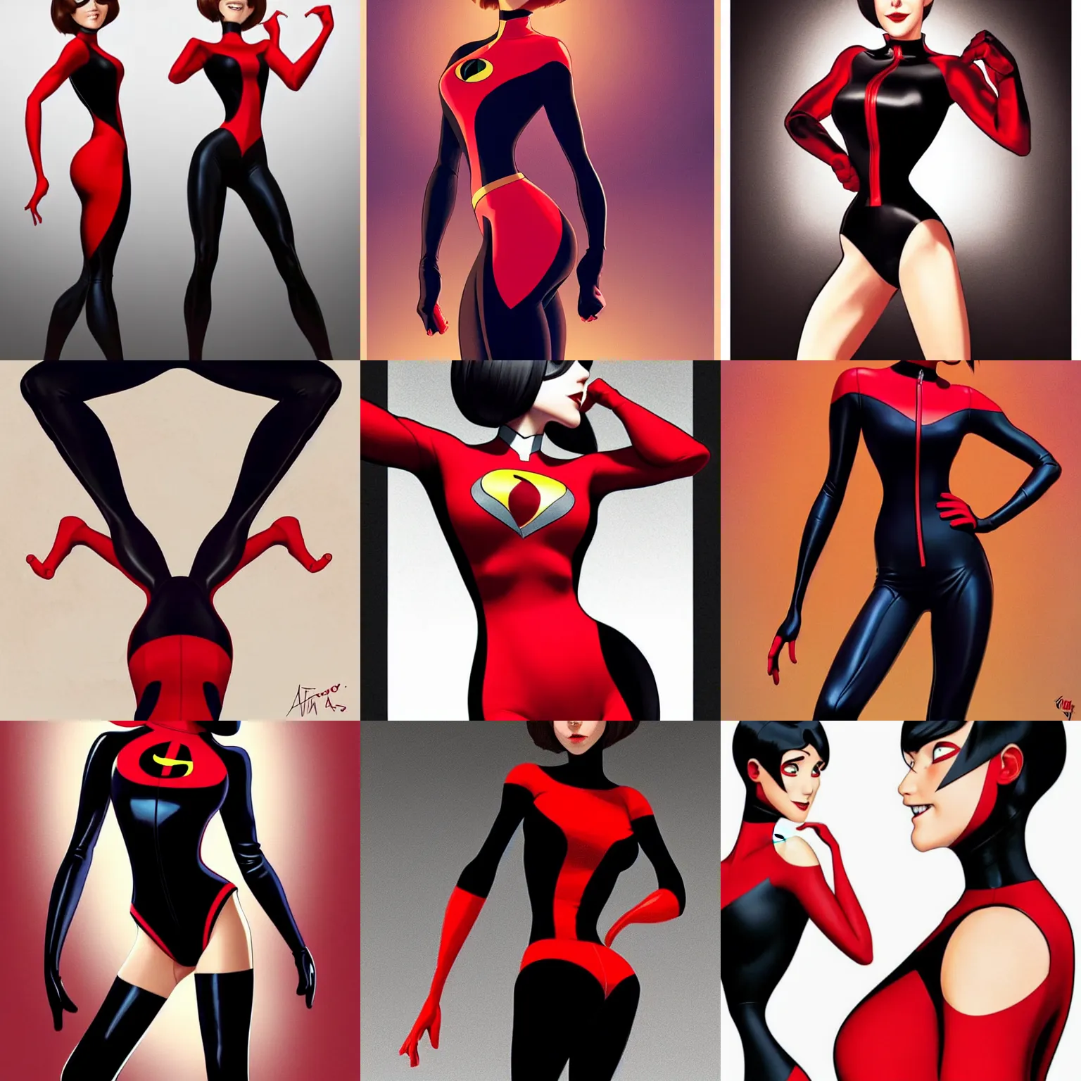 Prompt: striking character concept portrait, elastigirl, wrists together, red and black leotard costume with zipper, curvaceous, the incredibles. detailed, elegant, high quality, dark lighting, very high contrast with dark background, fantasy, reflective, spotlight. digital artwork by artgerm and wlop and alex ross and alphonse mucha, trending on artstation