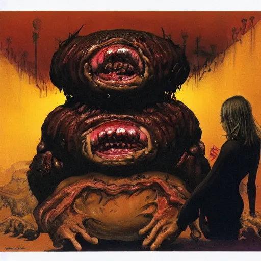 Image similar to big eyes wide open, horrific sentient meatloaf, holding meatloaf, sloppy, gross, meatloaf, hyper realistic, terrifying, disturbing, strange, bizarre, masterpiece, 4 k, vivid colors, elegant, highly detailed, john park, frazetta, john howe, ruan jia, jeffrey catherine jones