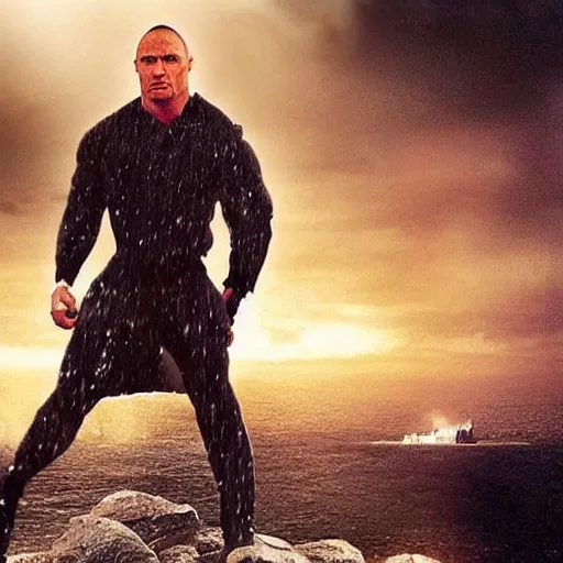 Image similar to “ the rock with hair, shot by christopher nolan, directed by michael bay, concept art ”