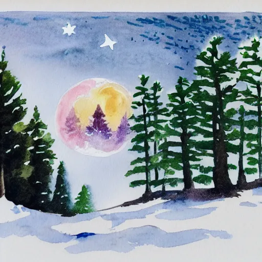 Prompt: the stars are melting, along the golden shores, there are pines and over the spruce, the moon was reflected in a glass, watercolor drawing, high quality.