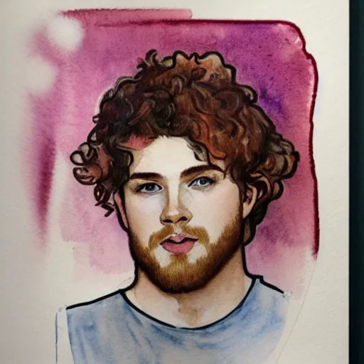 Image similar to abstract watercolor drawing of a young cute handsome beautiful strawberry blond medium very curly thick hair man in his early 2 0 s wearing a blank maroon t - shirt with grey - blue eyes, by elizabeth peyton and alphonse mucha, trending on artstation, artgen, tumblr