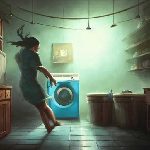 Prompt: woman demon crawling out of a washing machine in a laundry room, cinematic lighting, inspired by Evgeny Lushpin,George, greg rutkowski winter,nighttime,cinematic,art station