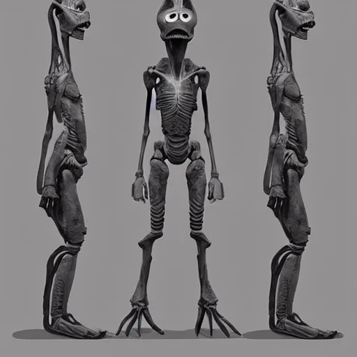 Prompt: Full body standing Alien, grey skin, large head, short body, long arms, 4 fingers, military back rooms location, concept art, ultra detailed, artstation style, very coherent, flat design, screen print, 8k unreal engine