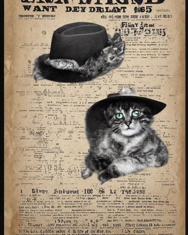 Image similar to 1865 wanted poster Wanted $1000 Reward kitten in cowboy hat Billy the Kit