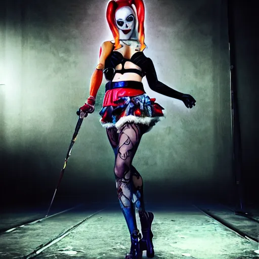 Prompt: full body pose, hyperrealistic mixed media painting of a harley quinn, dim volumetric lighting, 8 k, octane beautifully detailed render, extremely hyper detailed, intricate, epic composition, cinematic lighting, masterpiece, trending on artstation, very very detailed, masterpiece, stunning, hdr, smooth, sharp focus, high resolution, award, winning photo, dslr, 5 0 mm