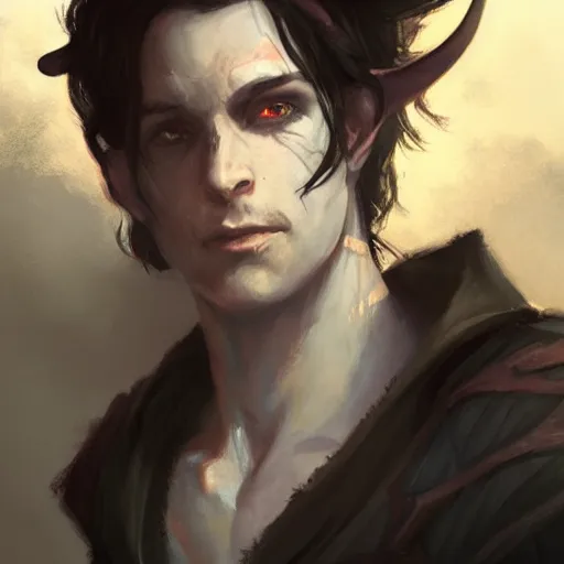 Image similar to portrait of a tiefling boy with long dark hair, horns, and pitch black eyes, dungeons and dragons character, art by Greg Rutkowski